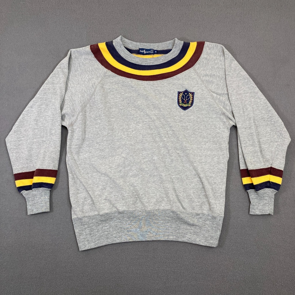 Vintage Ralph Lauren Sweater Medium‎ Grey Tennis Polo Crest Pullover Crewneck